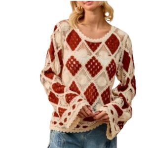 BiBi Diamond Crochet Knit Top Boho Elegant Casual in Red and Cream Lace